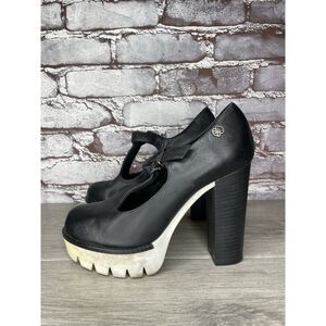 CUPLE Black Leather Platform Mary Jane Strap White Heels Women Sz 36EU/6M US
